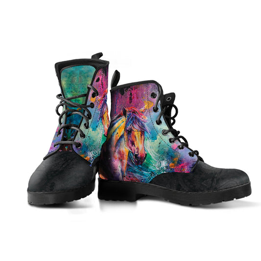 Colorful Horse Head Women's Vegan Leather Combat Boots