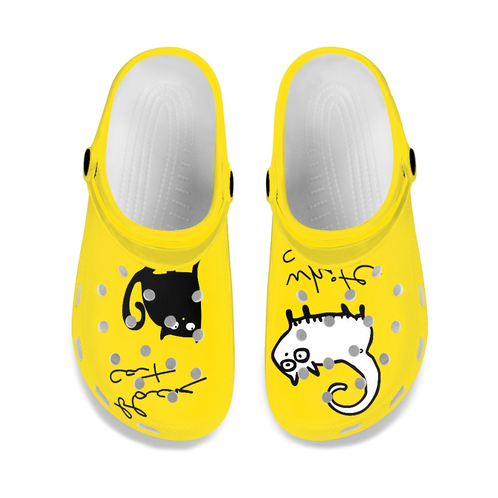Black and White Cat on Yellow Women's Adult Clogs Shoes