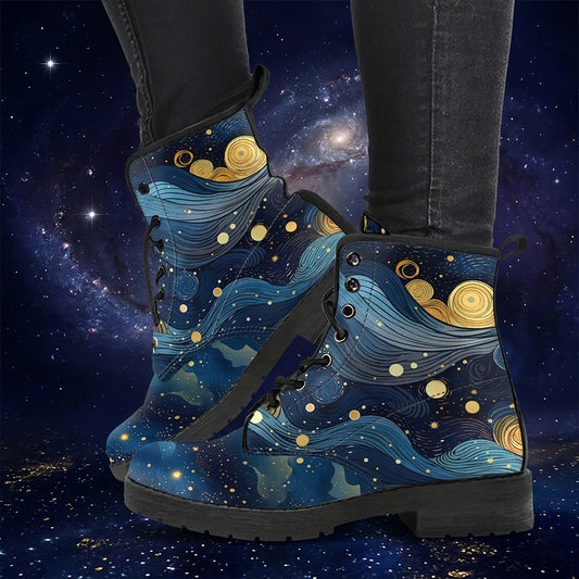 Starry Night Galaxy Women's Vegan Leather Combat Boots