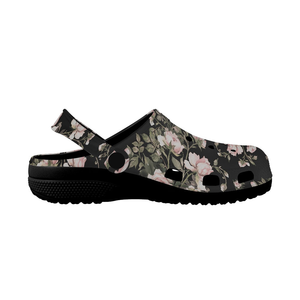 Black Floral Pattern Women's Clogs Style Black Sole