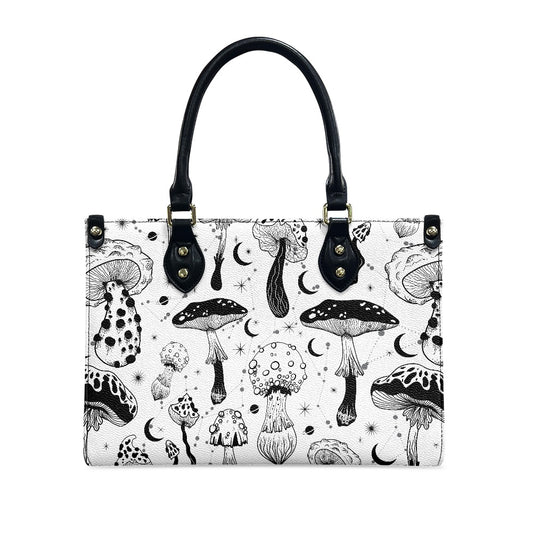 Black White Mushrooms Women's Vegan Leather Handbag