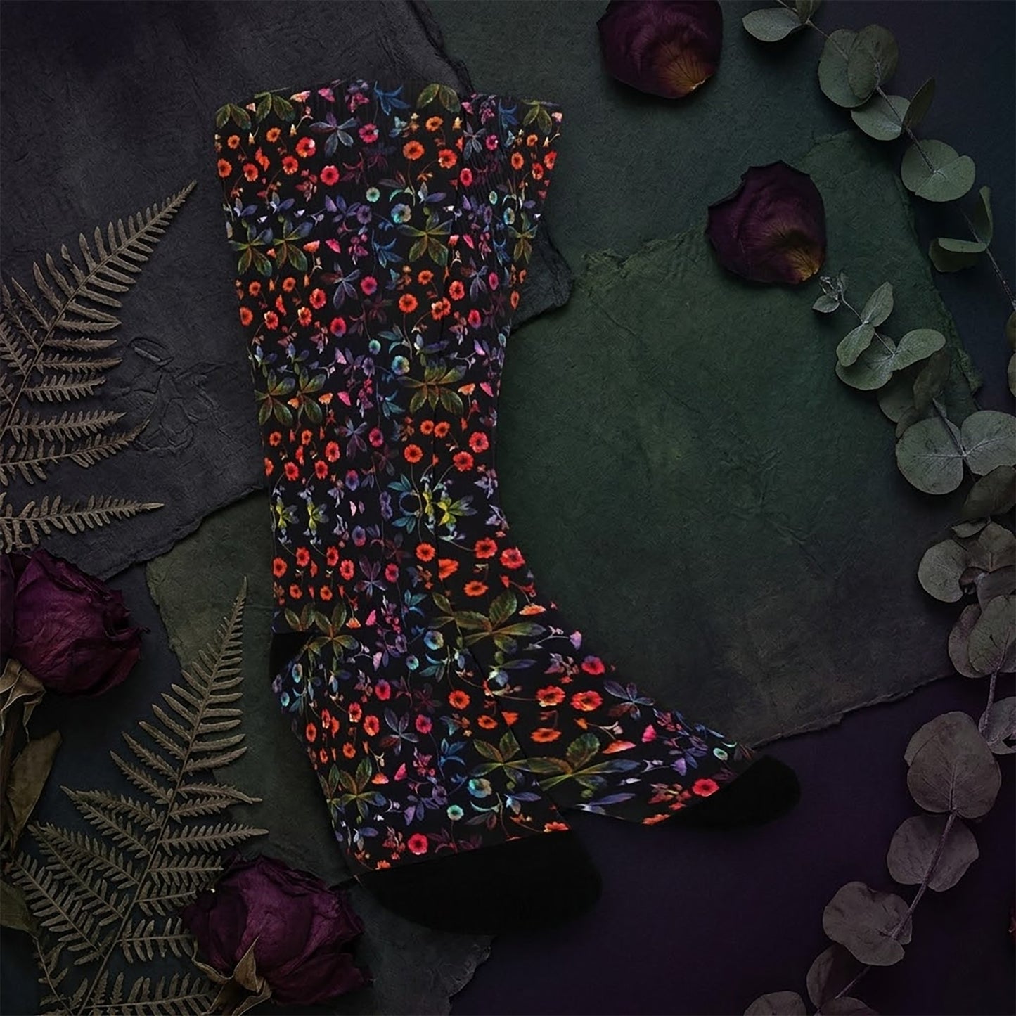 Dark Fabric Floral Socks - Custom Socks for Women Made in USA