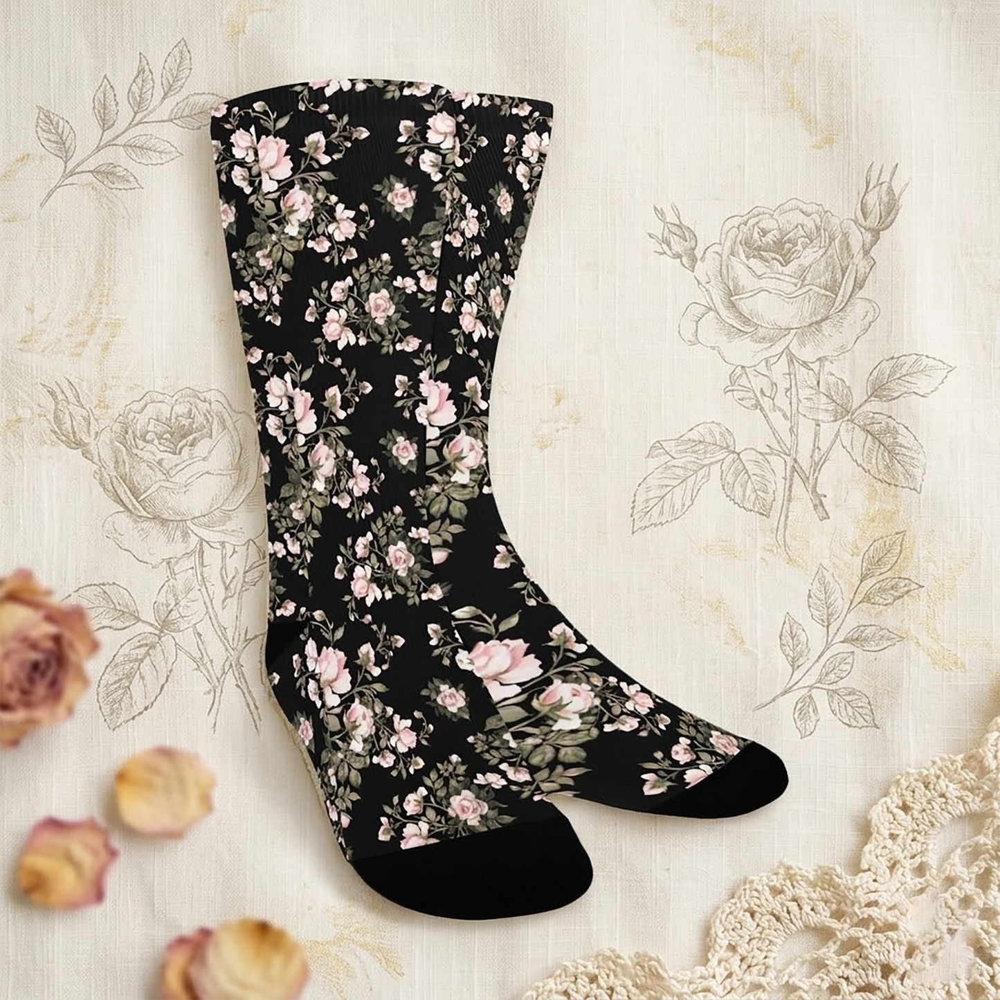 Black Floral Pattern Socks - Custom Socks for Women Made in USA