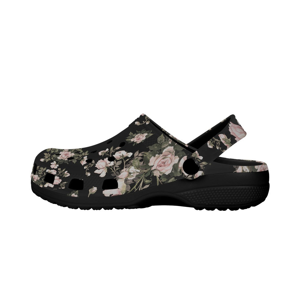 Black Floral Pattern Women's Clogs Style Black Sole