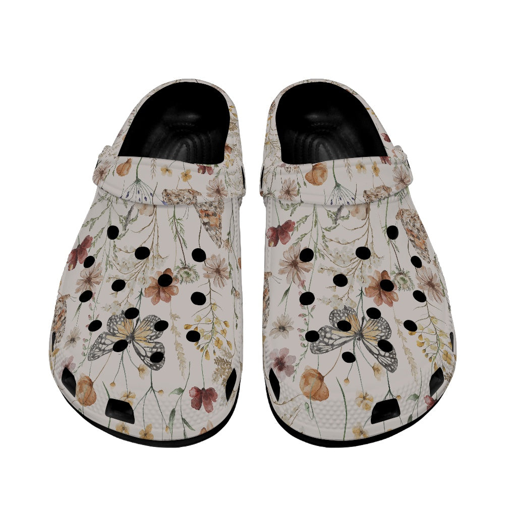 Tiny Bloom Watercolor Butterfly Women's Clogs Style Black Sole