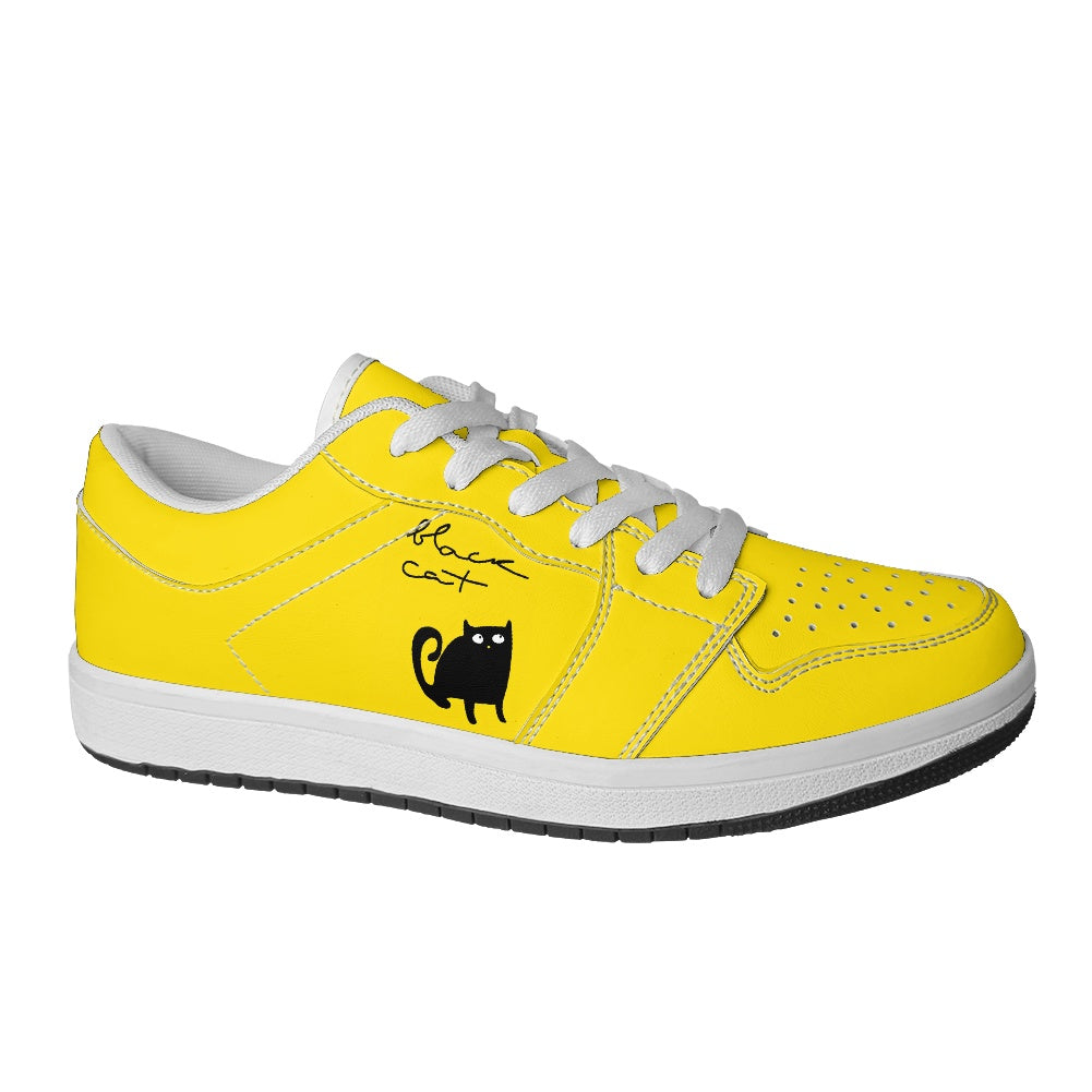 Black or White Cats on Yellow Women's Low Top Vegan Leather Sneakers