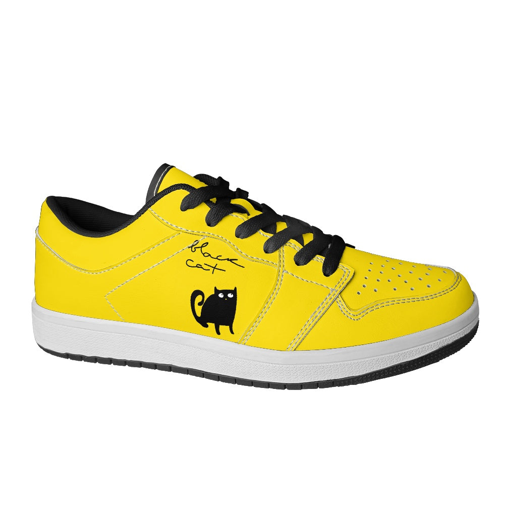 Black or White Cats on Yellow Women's Low Top Vegan Leather Sneakers