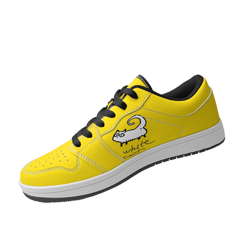 Black or White Cats on Yellow Women's Low Top Vegan Leather Sneakers