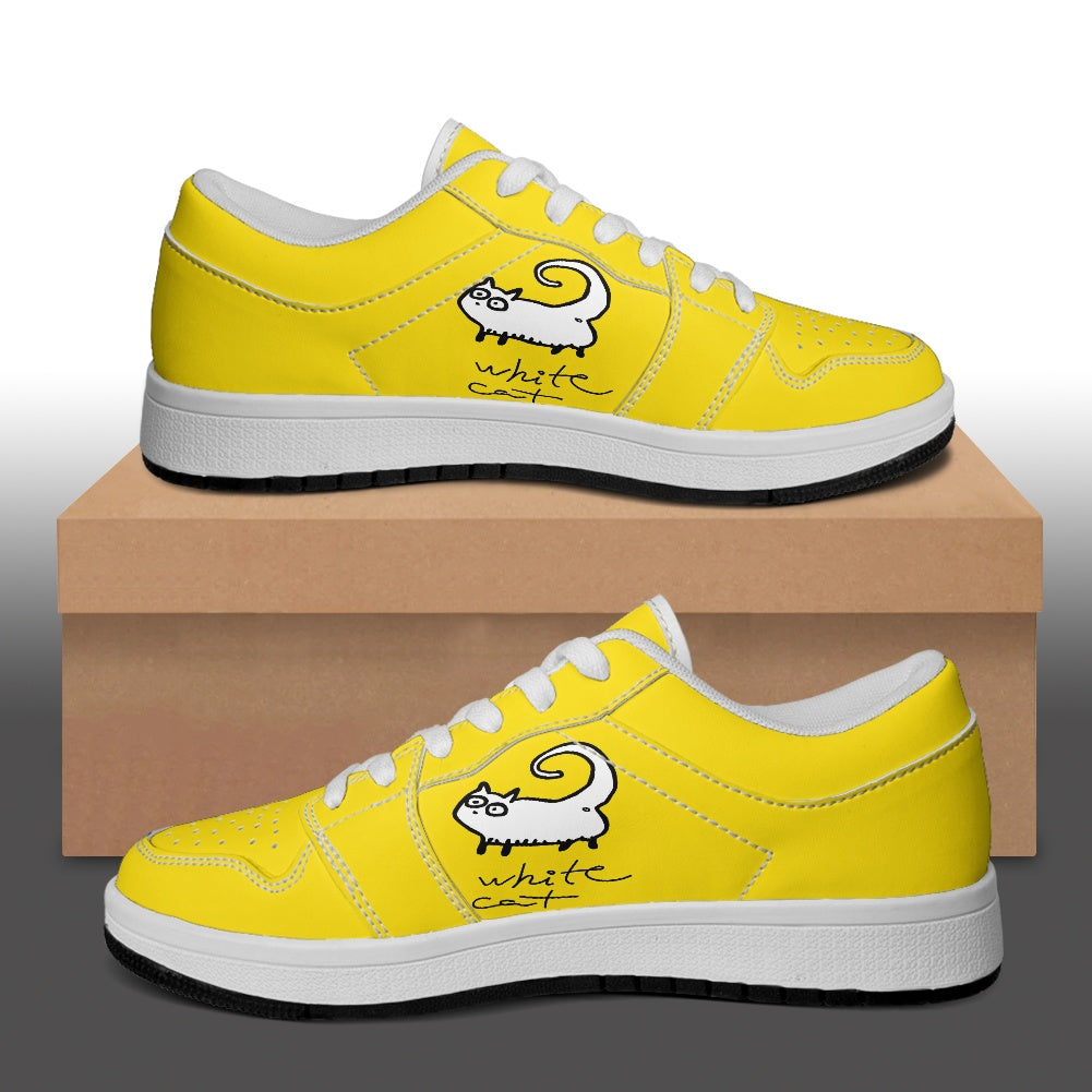 Black or White Cats on Yellow Women's Low Top Vegan Leather Sneakers