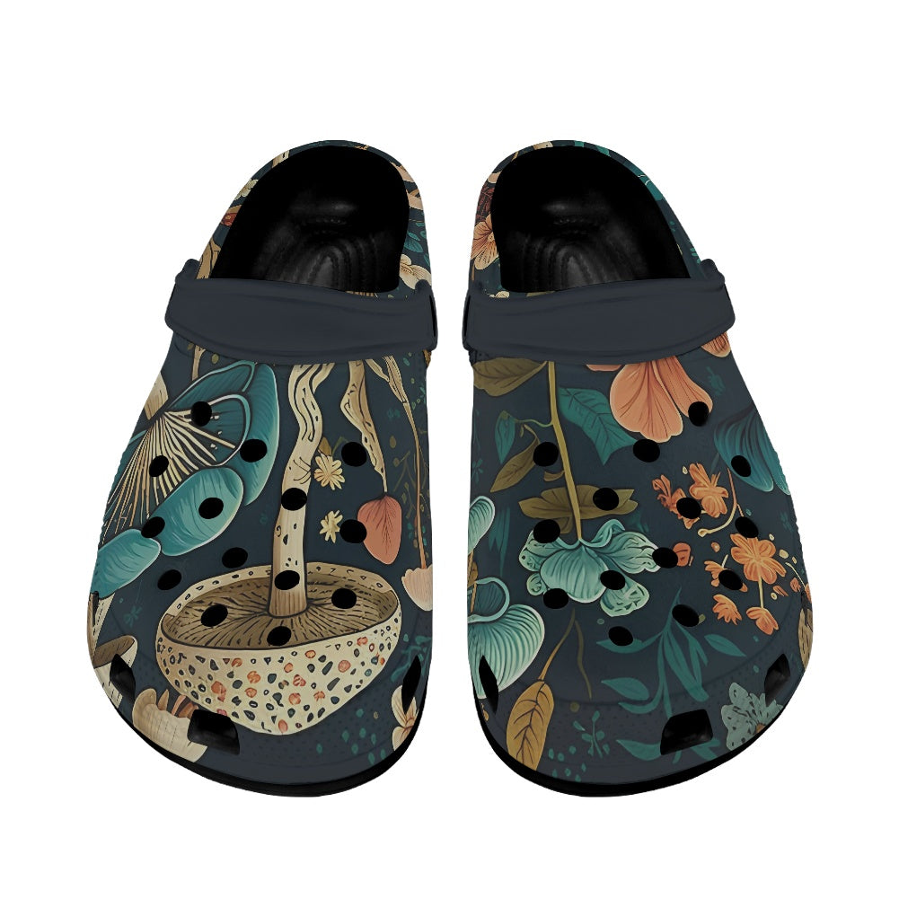 Whimsical Mushroom and Floral Women's Clogs Black Sole