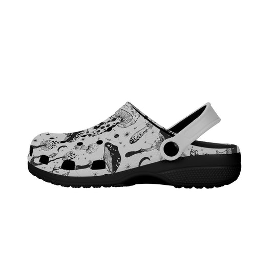 Black White Mushrooms Women's Clogs Black Sole