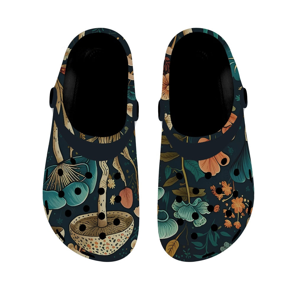 Whimsical Mushroom and Floral Women's Clogs Black Sole