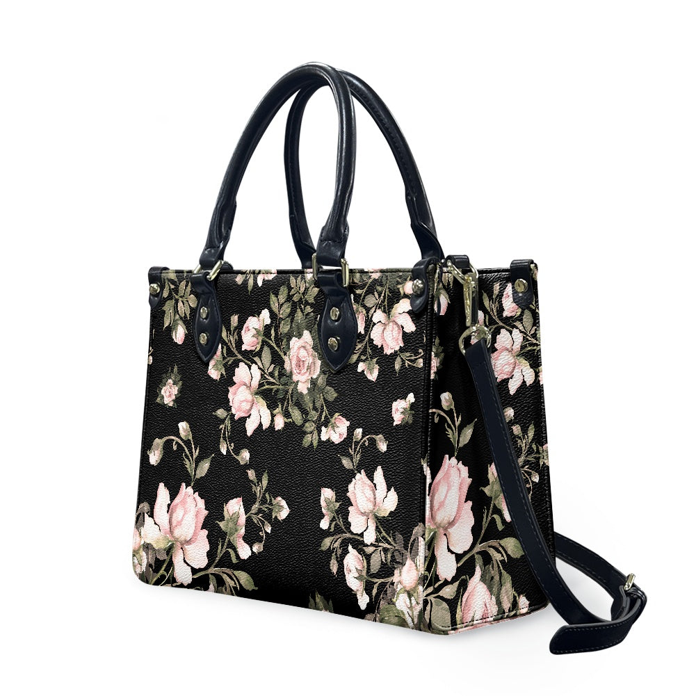 Black Floral Pattern Women's Vegan Leather Handbag