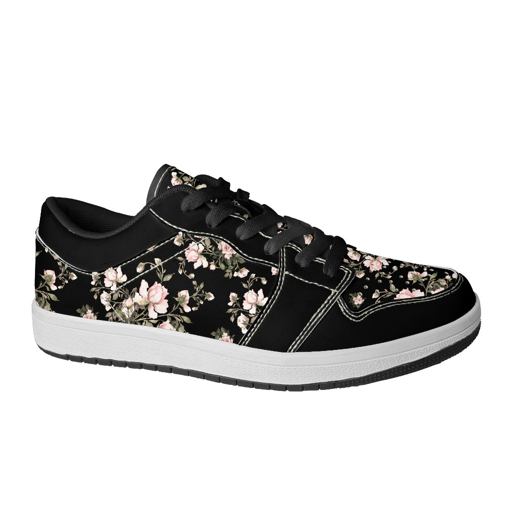 Black Floral Pattern Women's Low Top Vegan Leather Sneakers