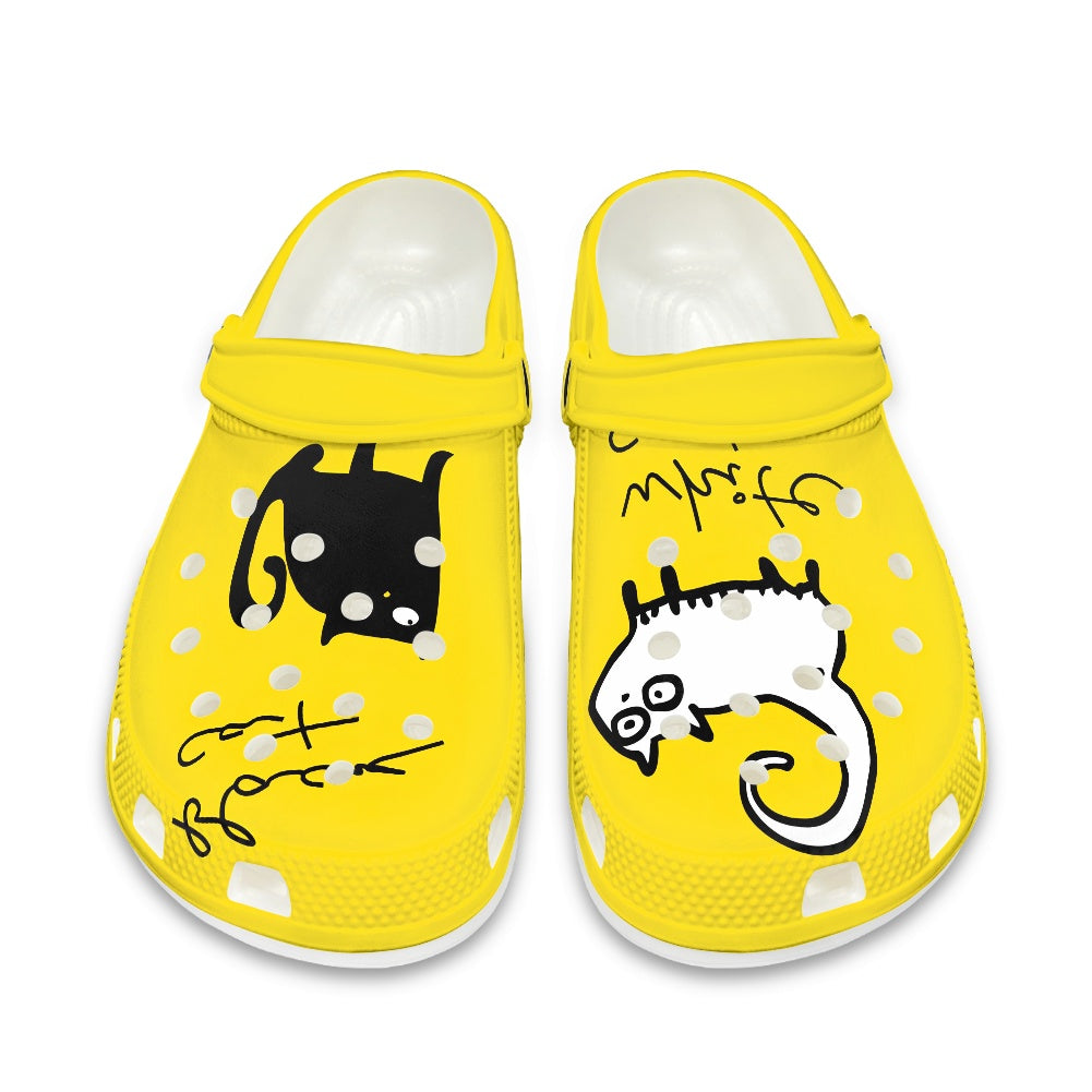 Black and White Cat on Yellow Women's Adult Clogs Shoes
