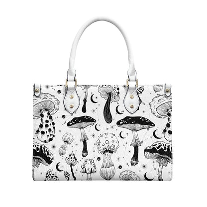 Black White Mushrooms Women's Vegan Leather Handbag