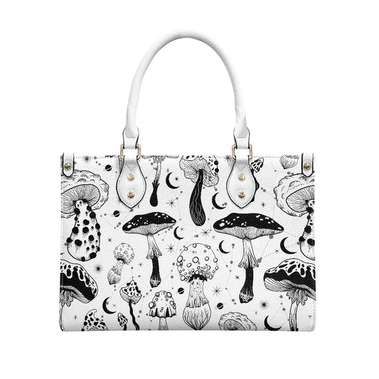 Black White Mushrooms Women's Vegan Leather Handbag