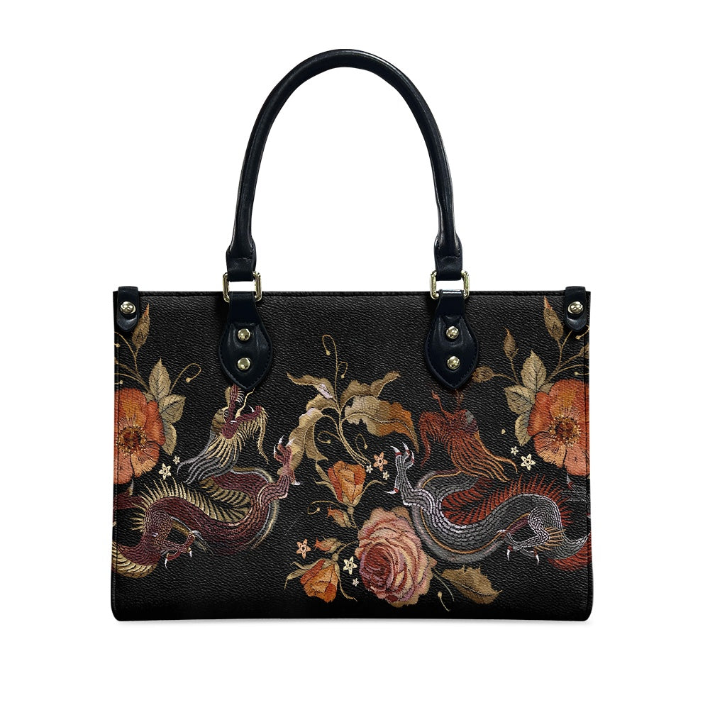 Embroidery Two Chinese Dragons and Roses Flowers Women's Vegan Leather Handbag