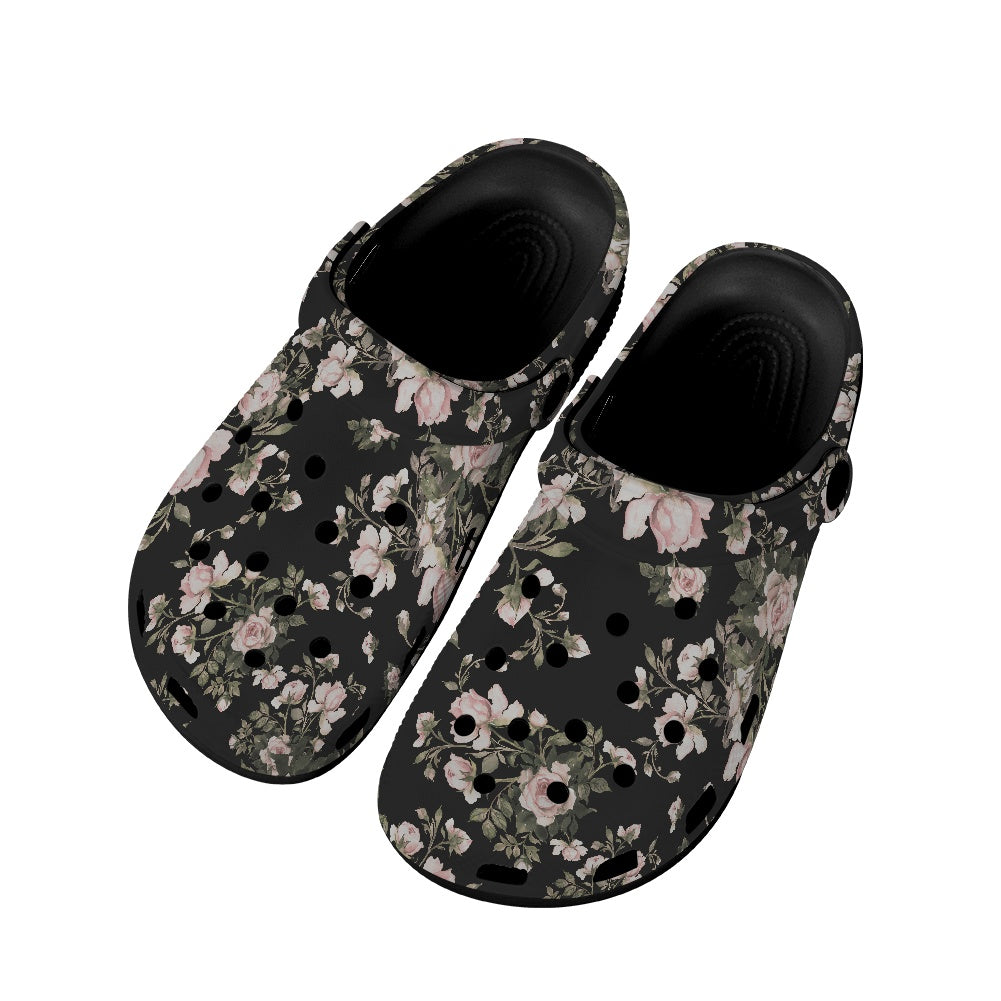 Black Floral Pattern Women's Clogs Style Black Sole