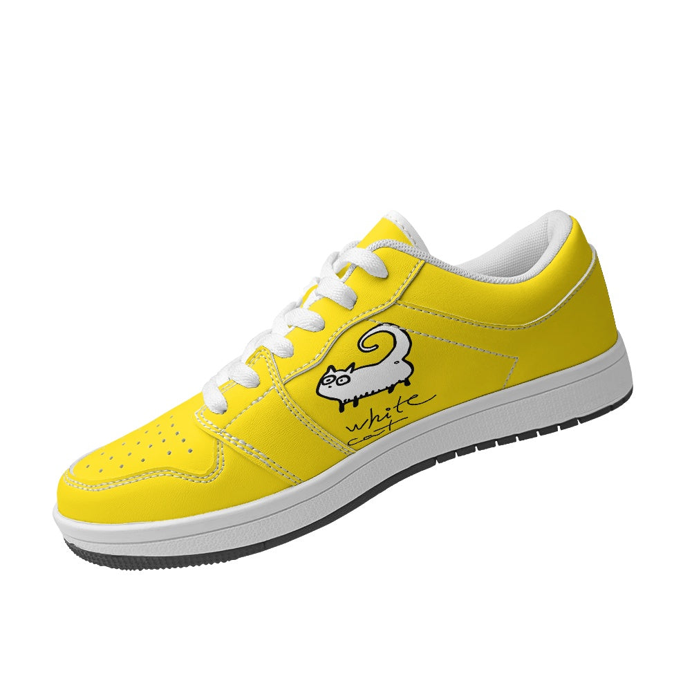 Black or White Cats on Yellow Women's Low Top Vegan Leather Sneakers