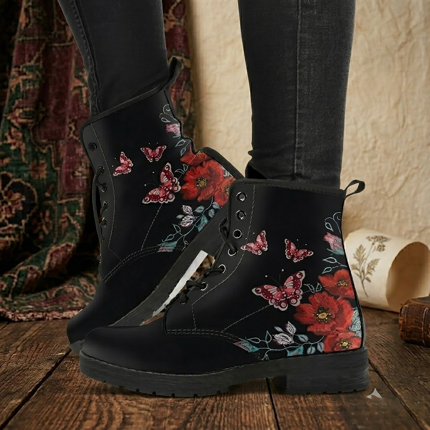 Butterflies and Flowers Handcrafted Women's Vegan Leather Combat Boots