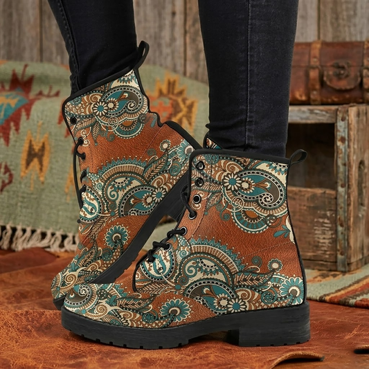 Brown Paisley Handcrafted Women's Vegan Leather Combat Boots