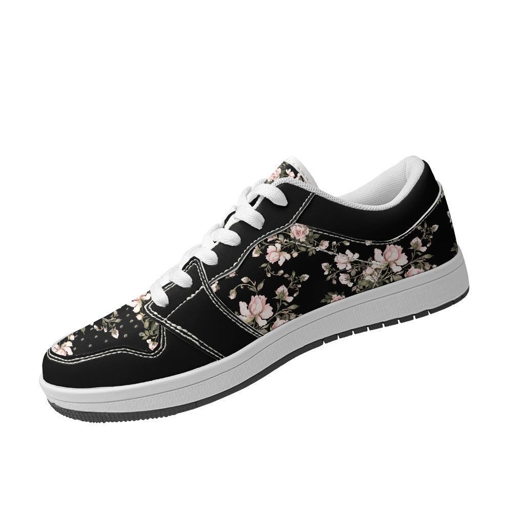 Black Floral Pattern Women's Low Top Vegan Leather Sneakers