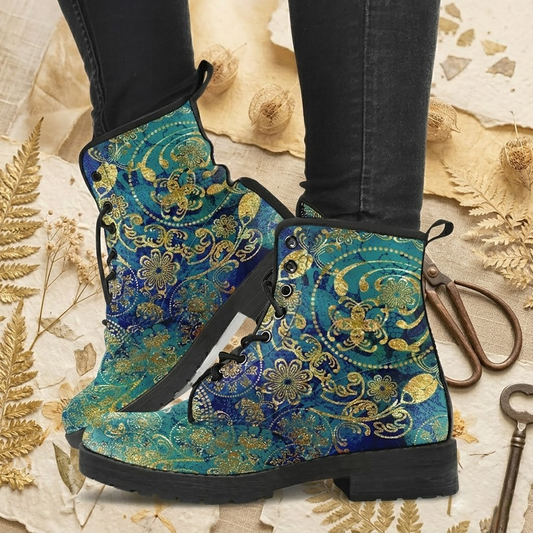 Gold FLoral Handcrafted Women's Vegan Leather Combat Boots