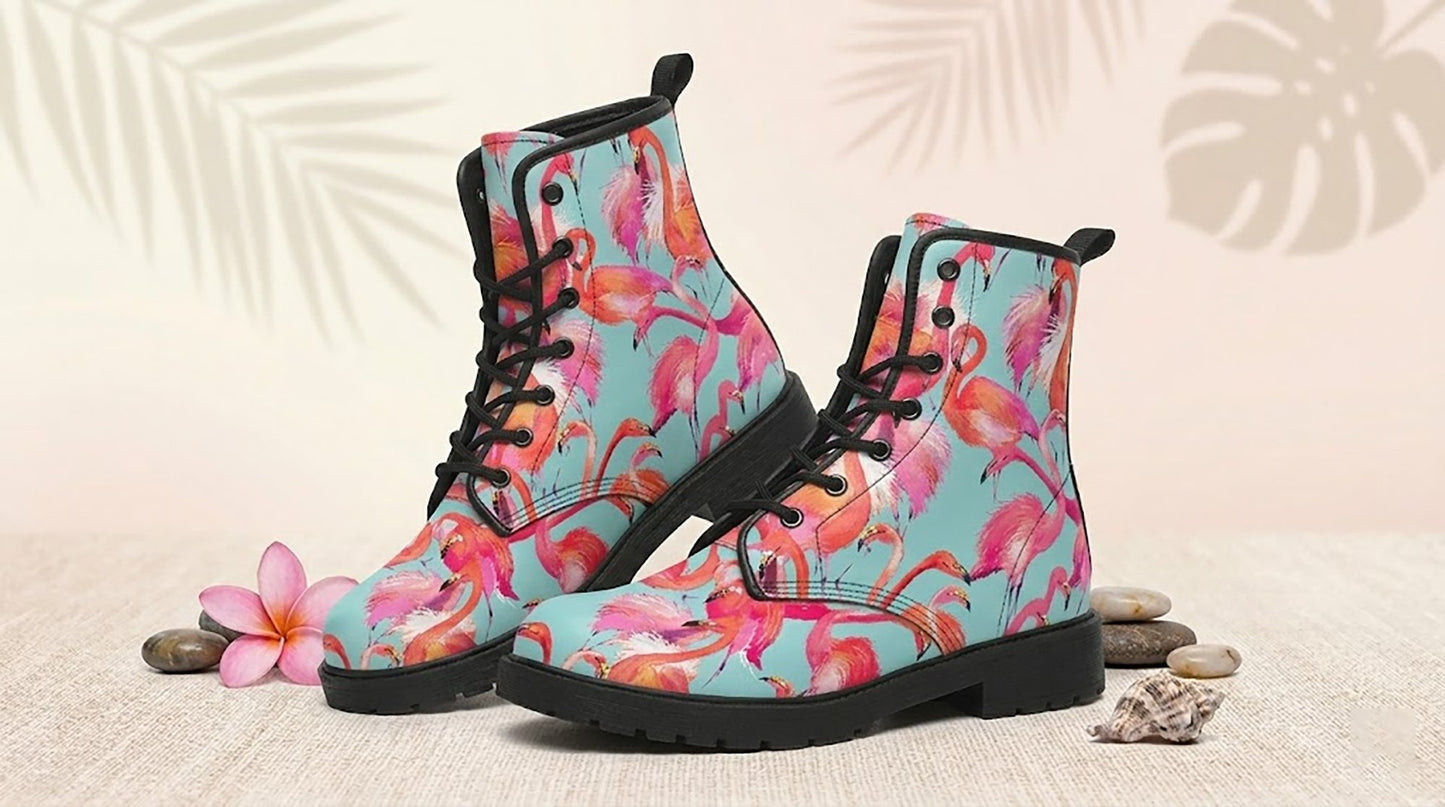 Handcrafted Pretty Flamingo Women's Vegan Leather Combat Boots