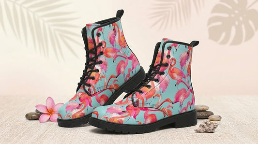 Handcrafted Pretty Flamingo Women's Vegan Leather Combat Boots