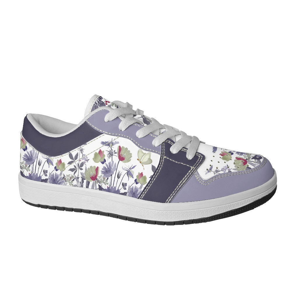 Lavender Bloom Butterfly Women's Low Top Vegan Leather Sneakers