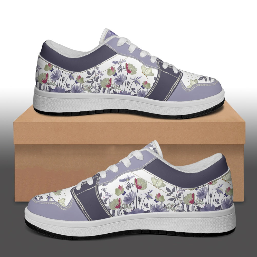 Lavender Bloom Butterfly Women's Low Top Vegan Leather Sneakers