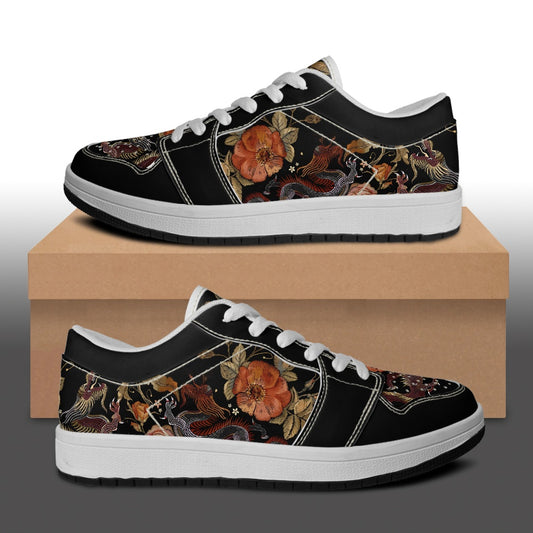 Two Chinese Dragons with Rose Flowers Vegan Leather Sneakers