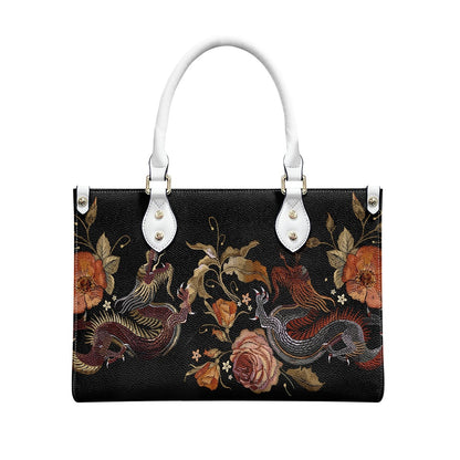 Embroidery Two Chinese Dragons and Roses Flowers Women's Vegan Leather Handbag