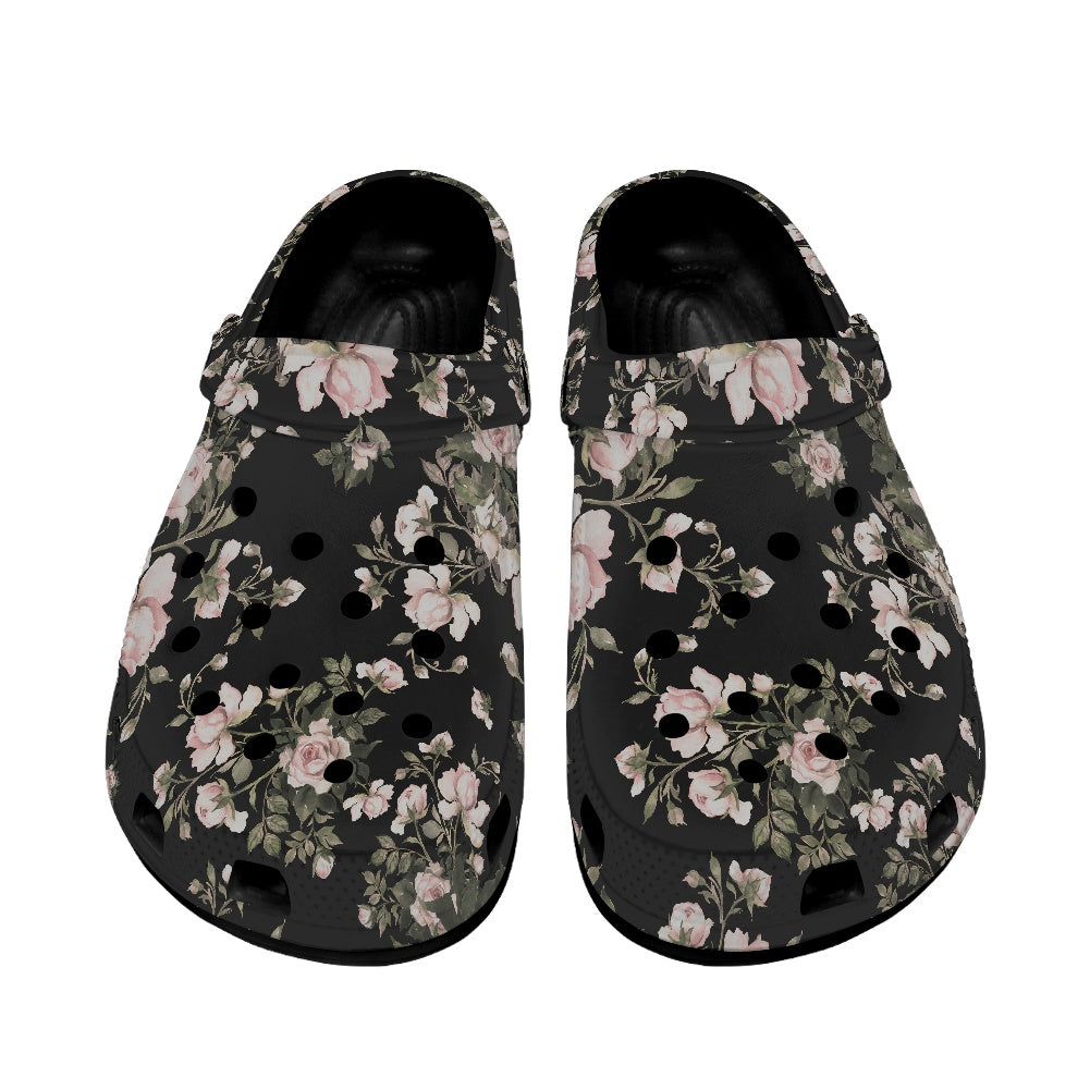 Black Floral Pattern Women's Clogs Style Black Sole