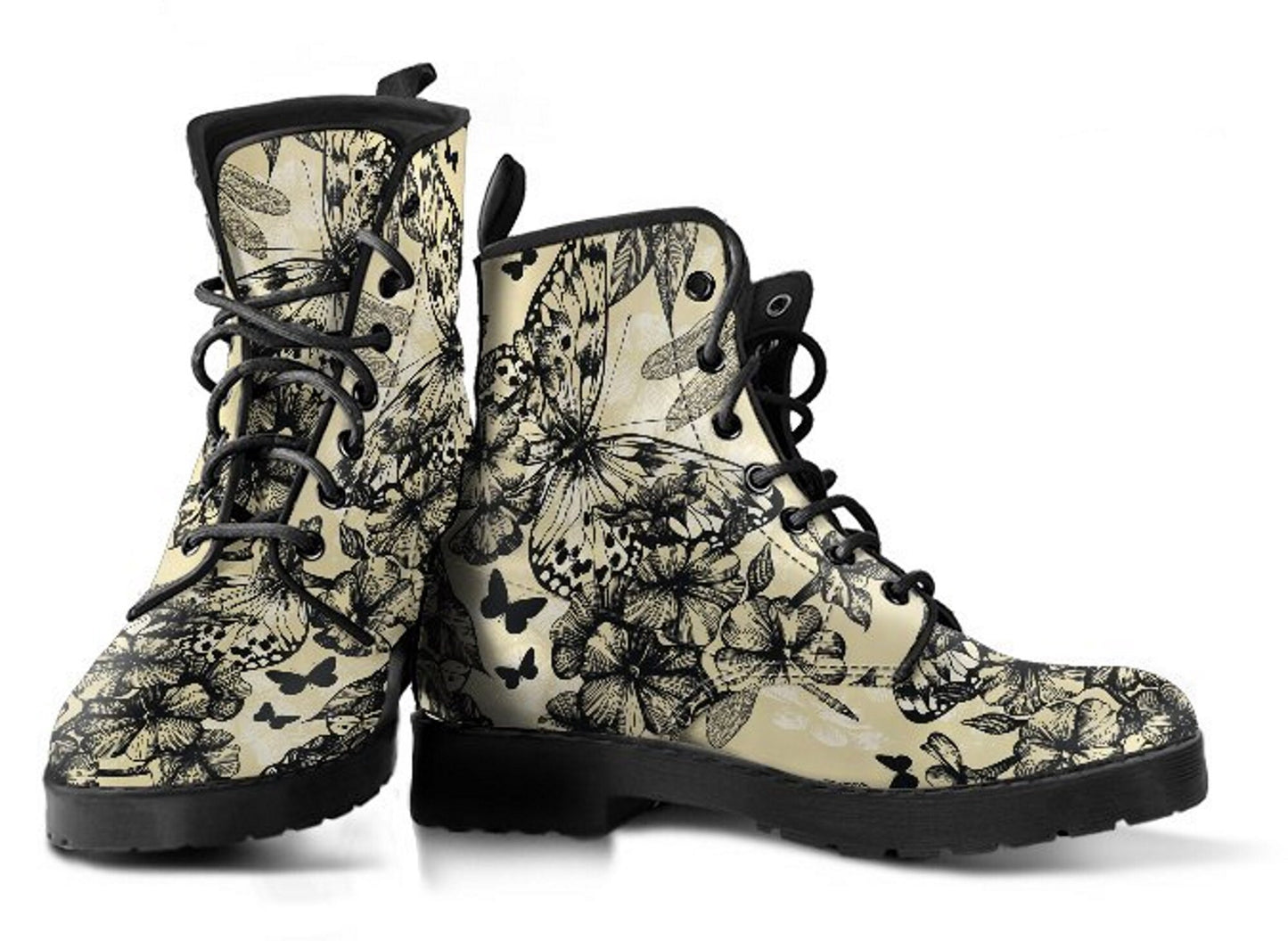 Butterfly Flowers in Black & White Vegan Leather Combat Boots