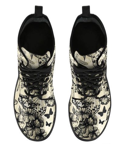 Butterfly Flowers in Black & White Vegan Leather Combat Boots