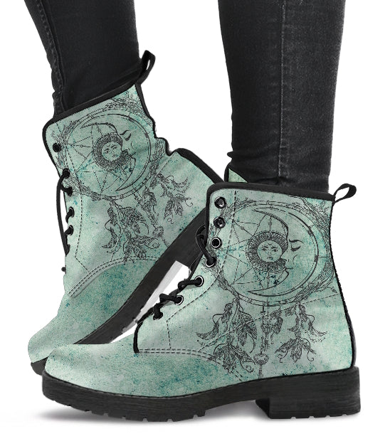 Teal Celestial Dream Catcher Women's Vegan Leather Combat Boots