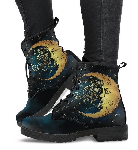 Celestial Moon Handcrafted Women's Vegan Leather Combat Boots Plus with Audio Recording