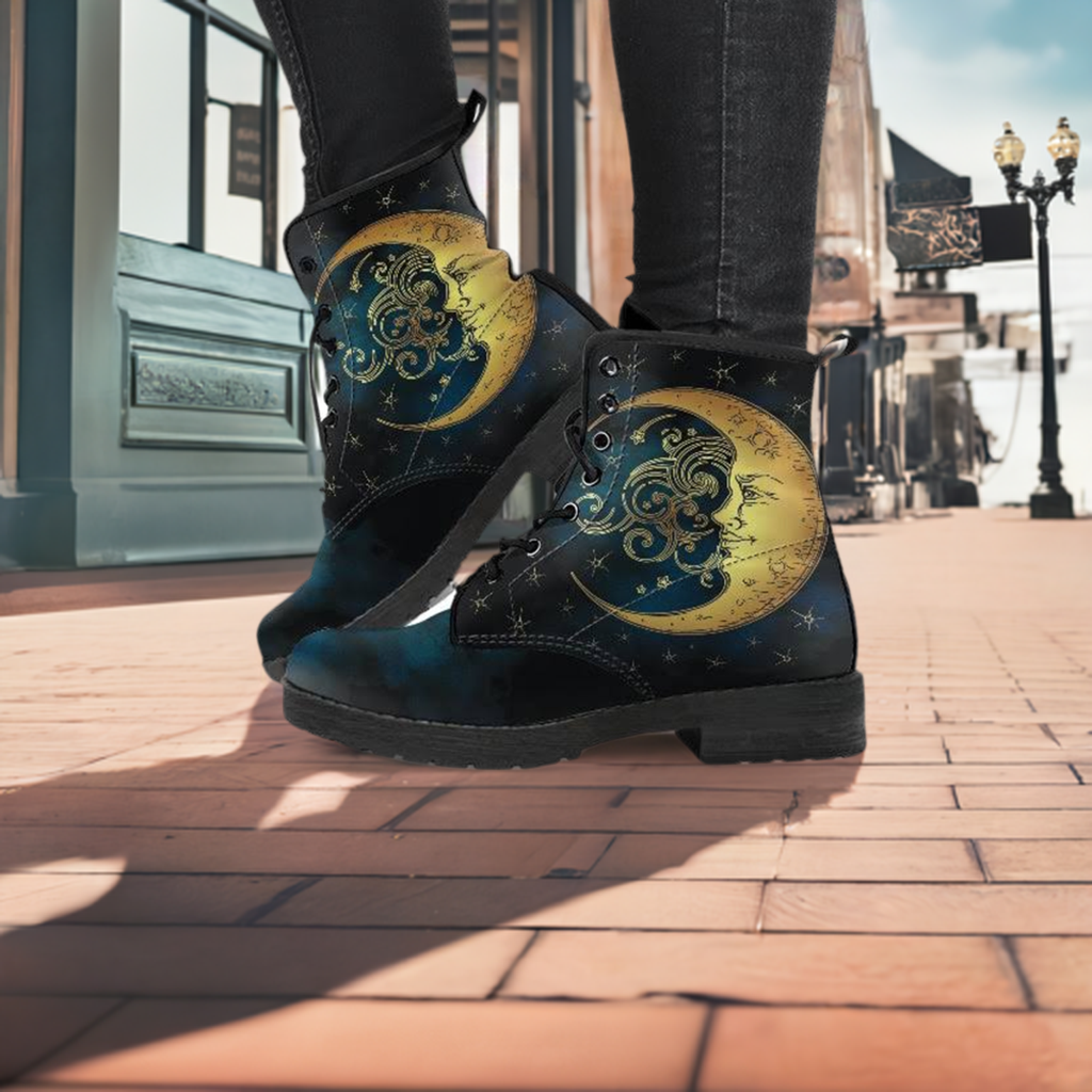 Celestial Moon Handcrafted Women's Vegan Leather Combat Boots Plus with Audio Recording