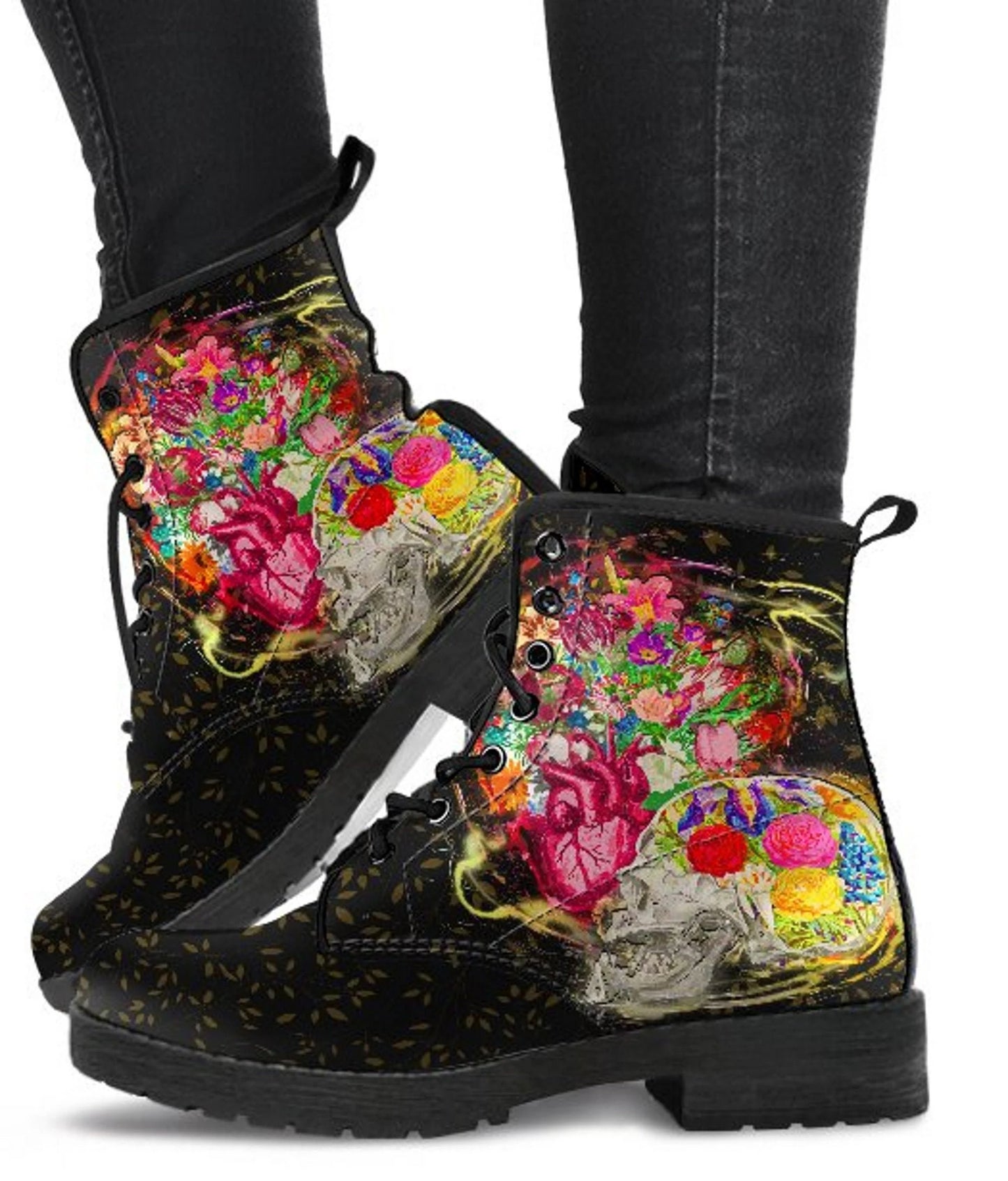 Heart and Skull Head Floral Women's Vegan Leather Combat Boots