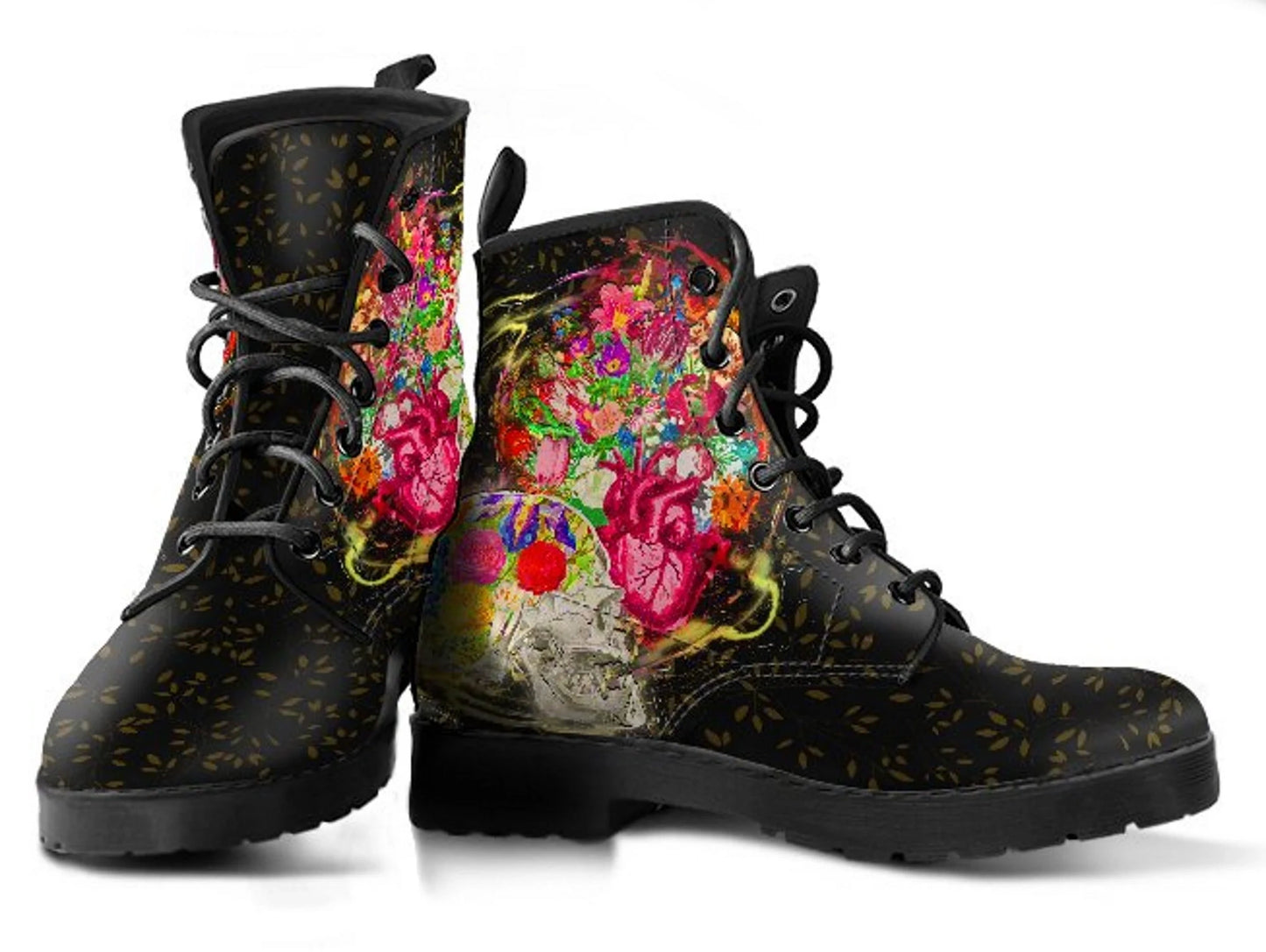 Heart and Skull Head Floral Women's Vegan Leather Combat Boots