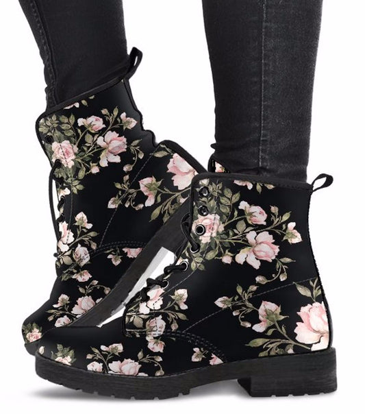 Soft Delicate Pink Flowers Women's Vegan Leather Combat Boots