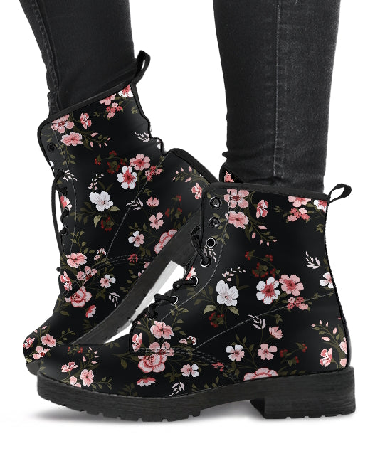 Floral Handcrafted Women's Vegan Leather Combat Boots