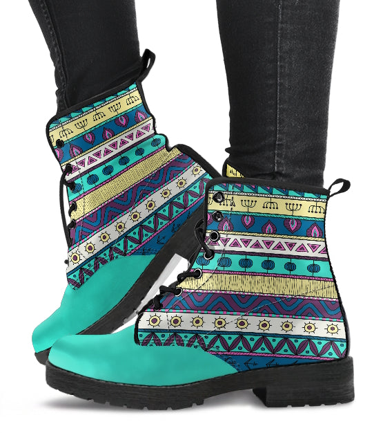 Southwestern Tribal Pattern Women's Vegan Leather Combat Boots