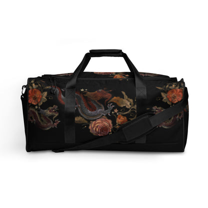 Two Chinese Dragons and Roses Flowers Duffle Bag