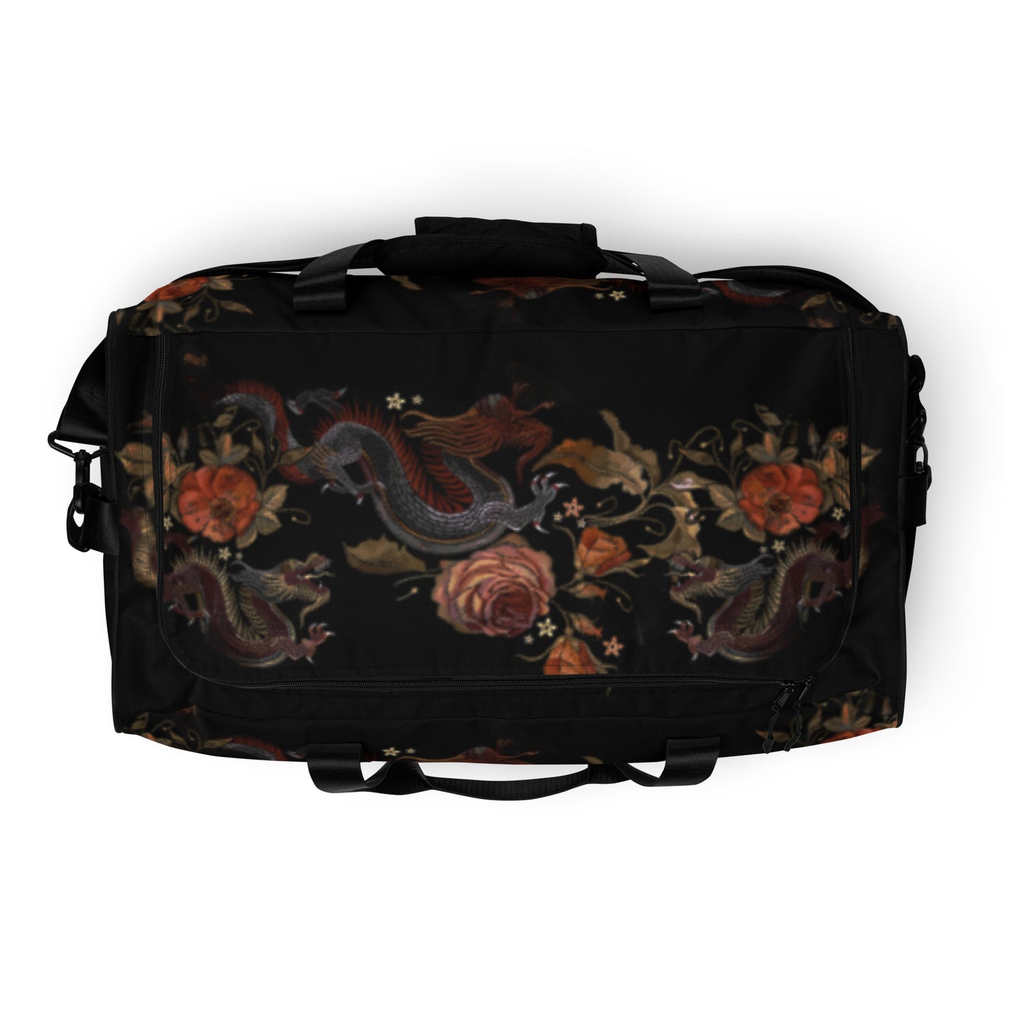 Two Chinese Dragons and Roses Flowers Duffle Bag