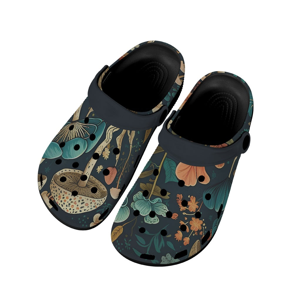 Whimsical Mushroom and Floral Women's Clogs Black Sole