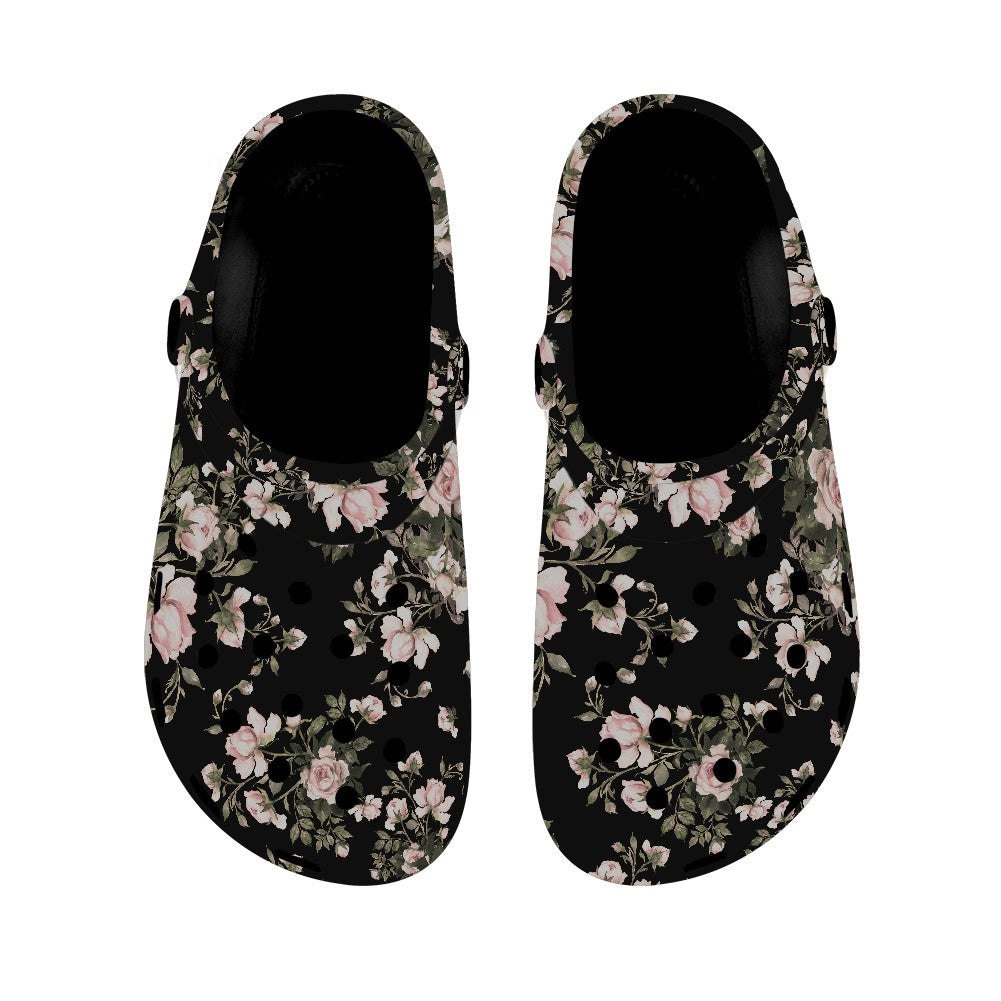 Black Floral Pattern Women's Clogs Style Black Sole