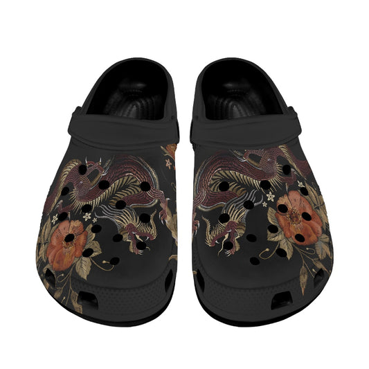 Embroidery Two Chinese Dragons and Roses Flowers Women's Black Sole Clogs